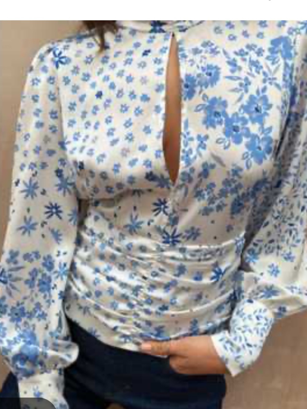 Never Fully Dressed Cream Satin Blouse with Blue Floral Print